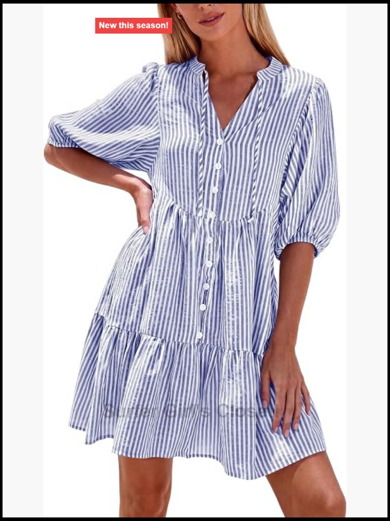 Women's Striped Mini Dress V Neck Puff Sleeve Flowy Button Down